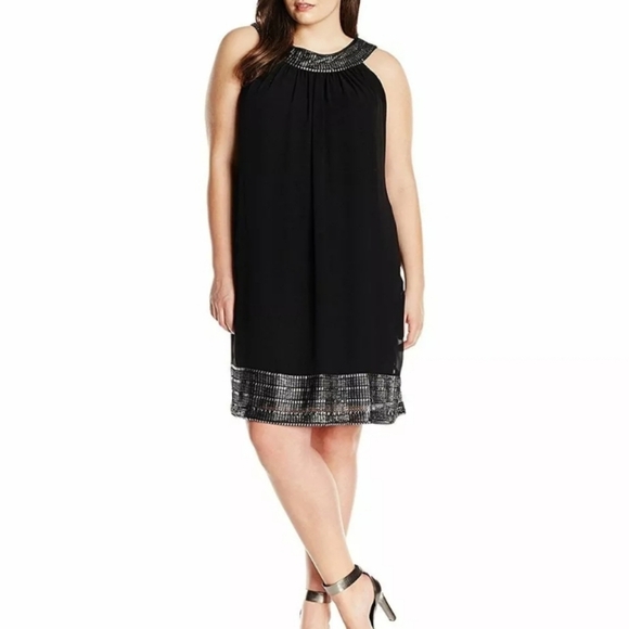 SLNY Black Dress Plus-Size Chif Shift Foil Lace Neck and Hem Size XL - Picture 1 of 6